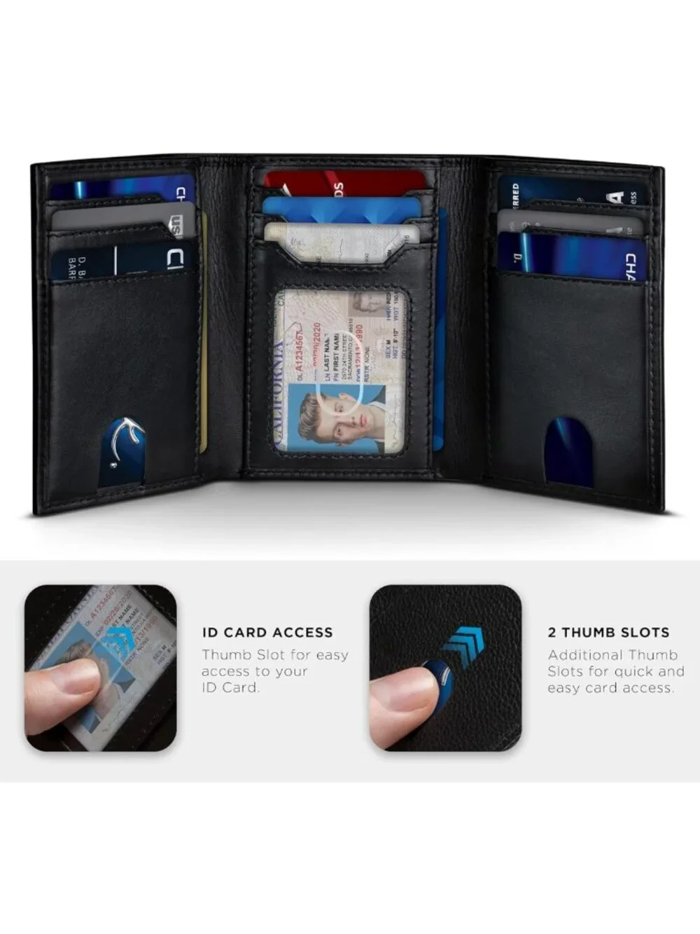 Slim RFID Blocking Leather Trifold Wallet for Men - 11 Card Slots, ID Window